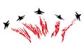 Aerobatic team with fighter aircrafts contrails. Vector silhouette